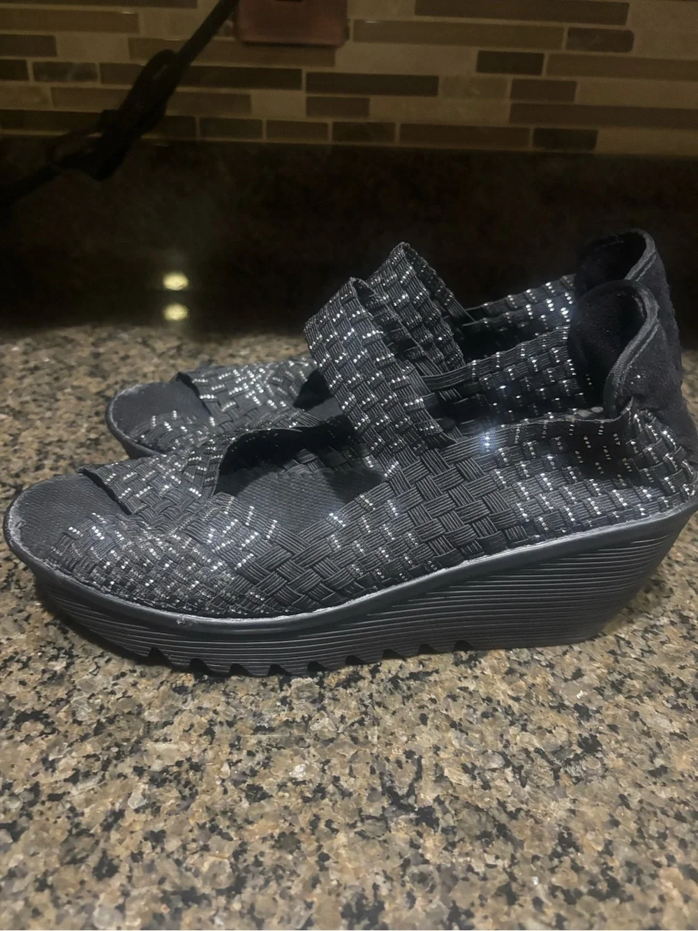 bernie mev. Black Woven Elastic Platform Espadrilles